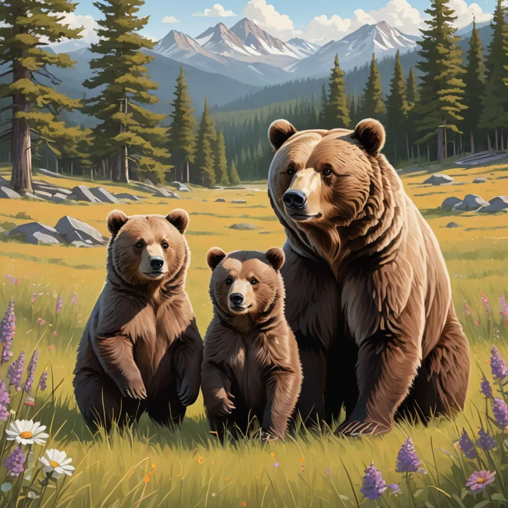 a painting of three bears in a field with mountains in the background and wildflowers in the foreground, furry art, an oil painting, Brothers Hildebrandt, magic the gathering artwork