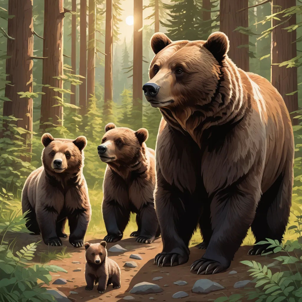 a painting of three bears walking in the woods with their cubs on a path between them is a bear cub and a bear cub, furry art, a storybook illustration, Dan Mumford, official art