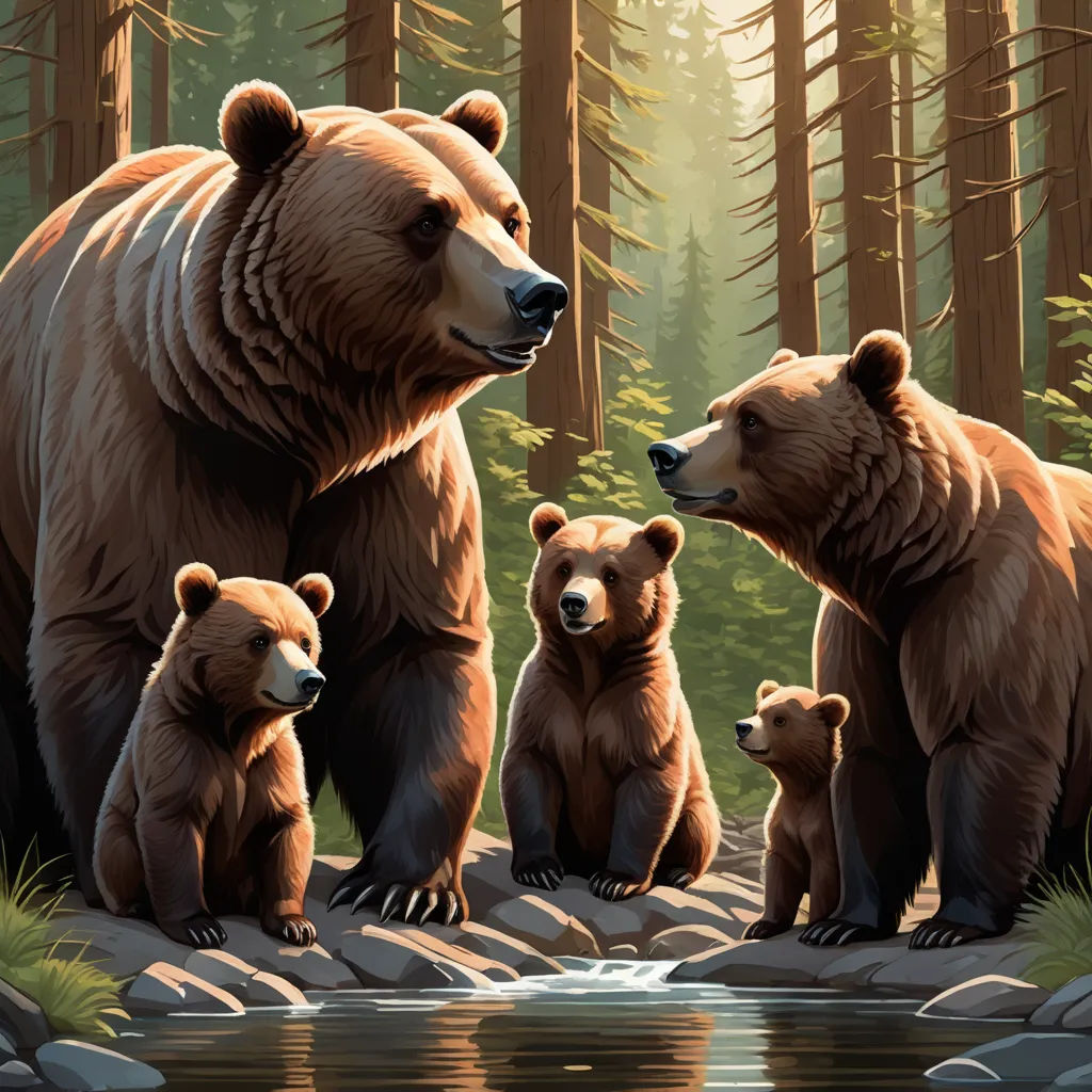 a painting of a bear family by a river with their cubs looking at the water and trees in the background, furry art, a storybook illustration, Dan Mumford, highly detailed digital painting