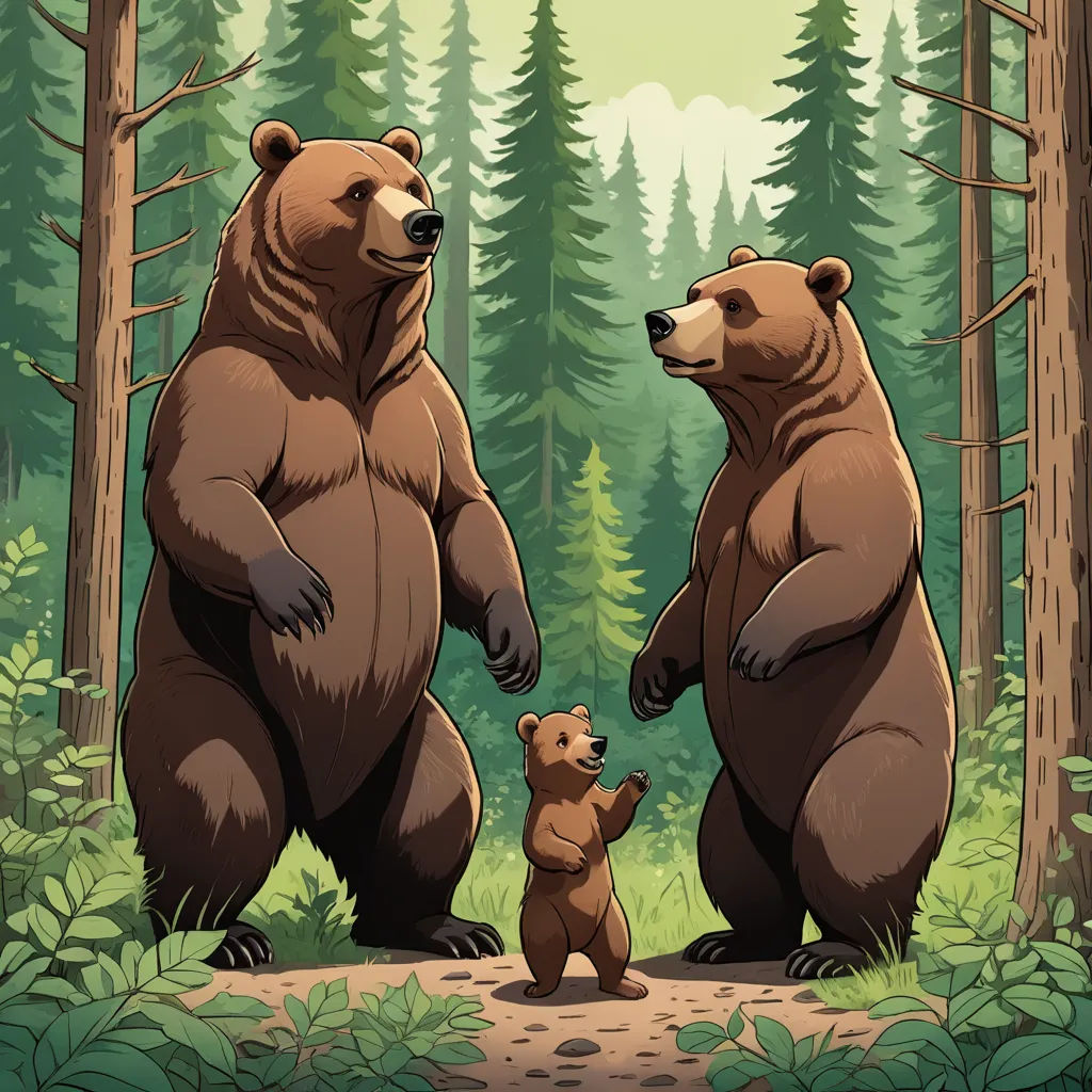 two bears standing in the woods with a baby bear next to them, with a forest background behind them, furry art, a storybook illustration, Dan Mumford, official art