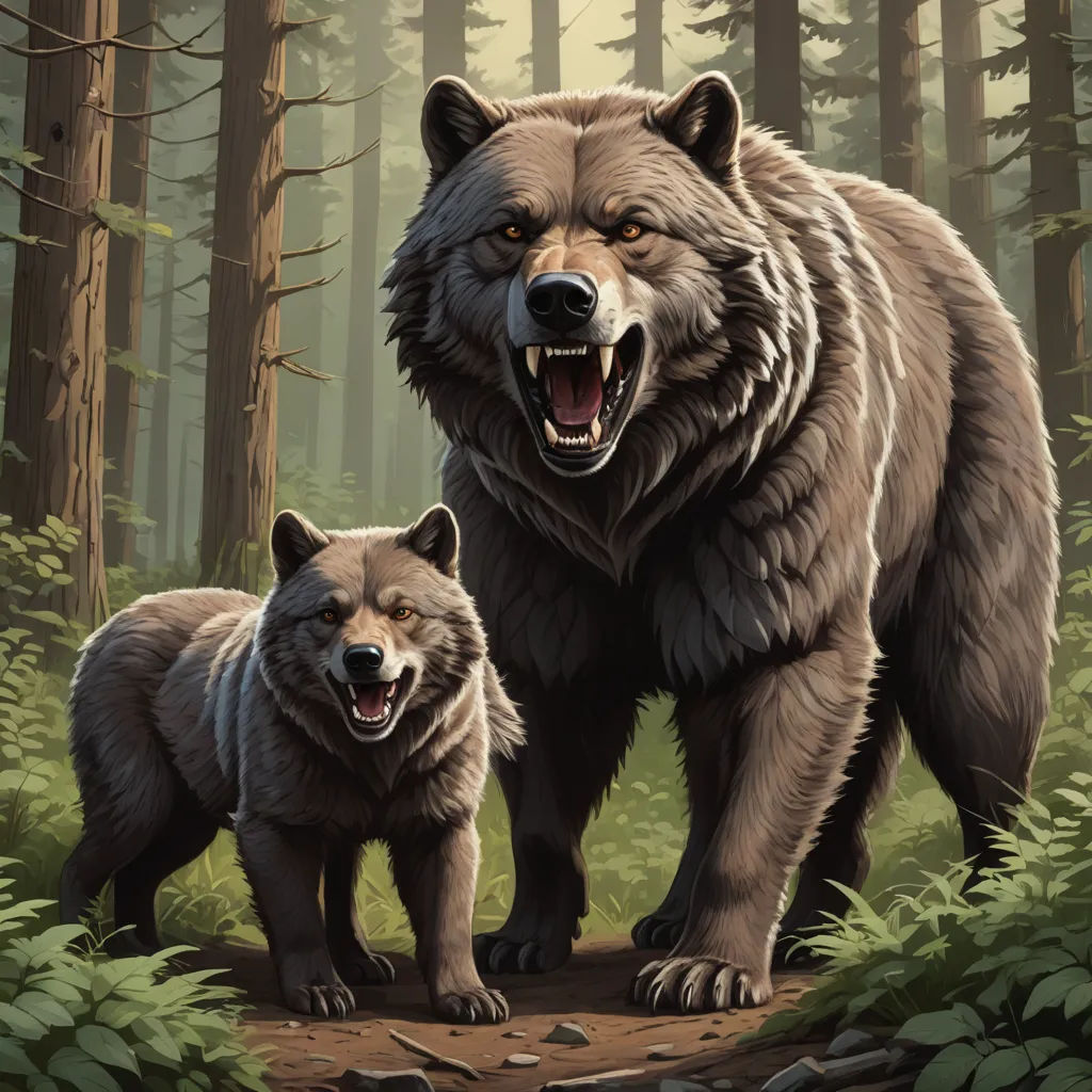 a painting of two bears in a forest with trees and bushes, one of them is growling at the camera, furry art, a digital painting, Dan Mumford, magic the gathering artwork