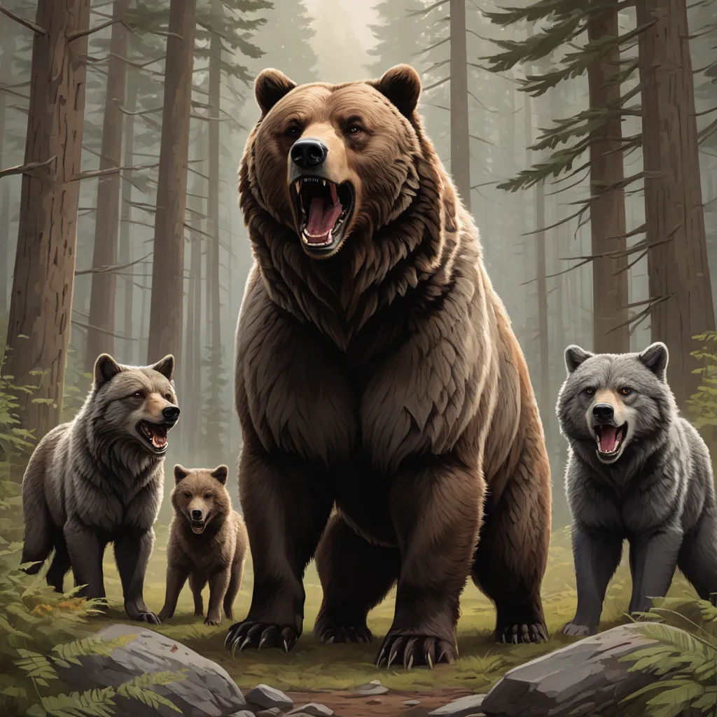 a bear and two cubs in a forest with rocks and trees in the background, with a large bear standing in the foreground, furry art, a digital painting, Dan Mumford, official art