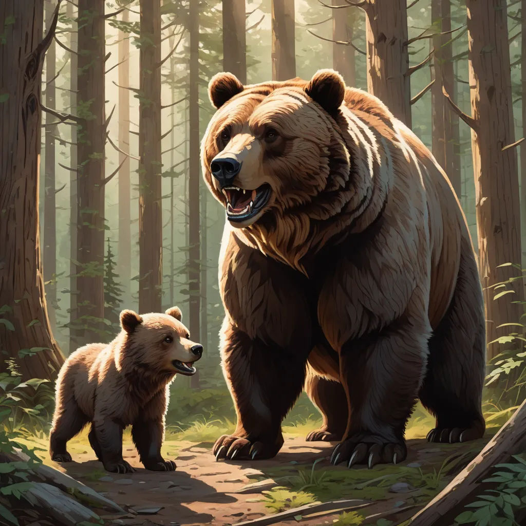 a bear and a cub walking through a forest together in the sunlight, with trees and foliage in the background, furry art, concept art, Brothers Hildebrandt, magic the gathering artwork