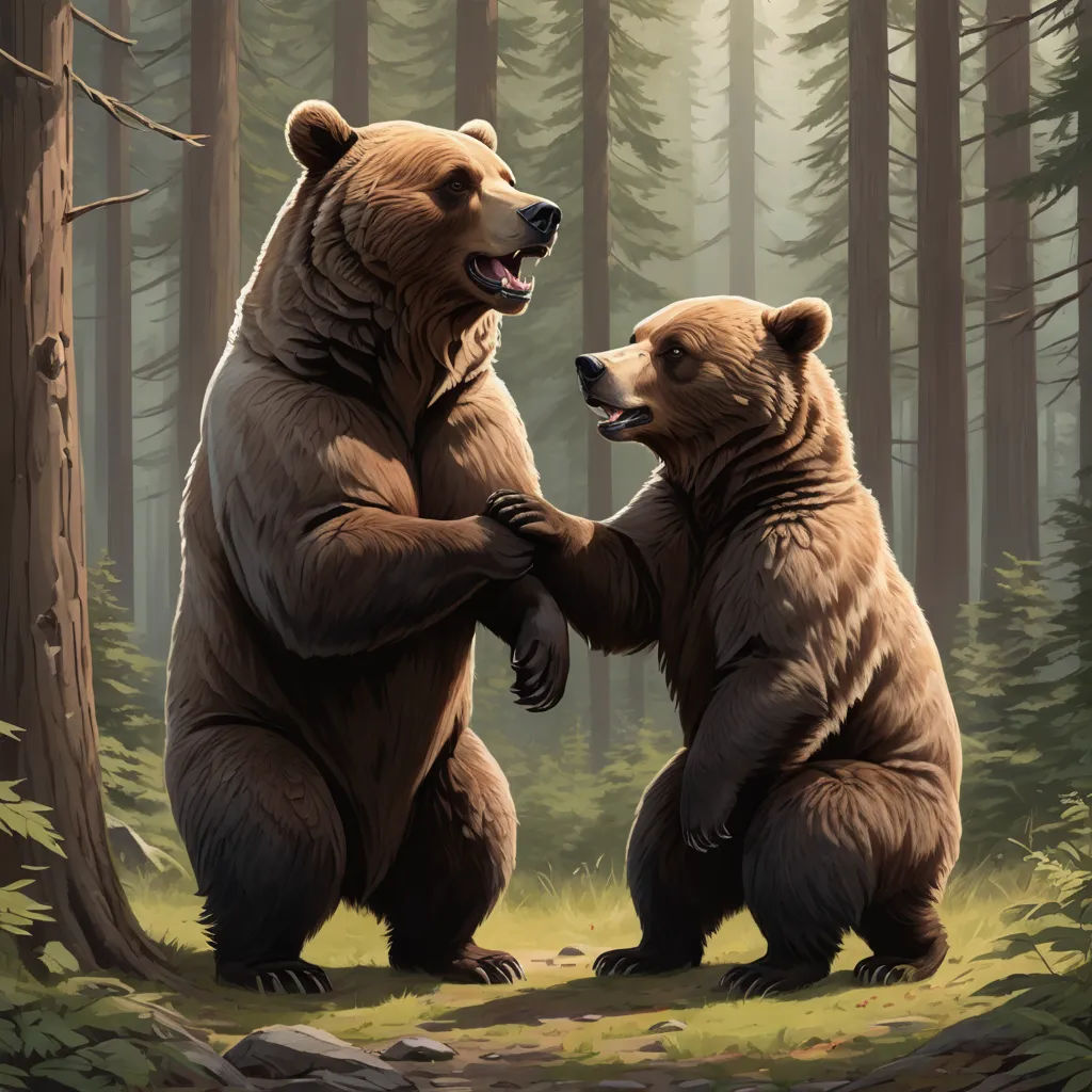 two bears standing in the woods with their mouths open and their mouths open, with trees in the background, furry art, a digital painting, Brothers Hildebrandt, magic the gathering artwork