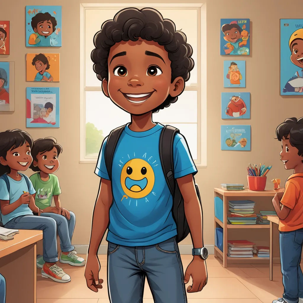 a boy in a blue shirt is standing in a classroom with other children in the background and a smiling face, sots art, a storybook illustration, Chris LaBrooy, character art