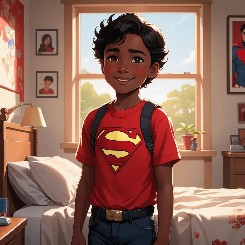 a boy in a red shirt and a backpack standing in a bedroom with a bed and a window with a superman t - shirt on, sots art, concept art, Everett Warner, official art