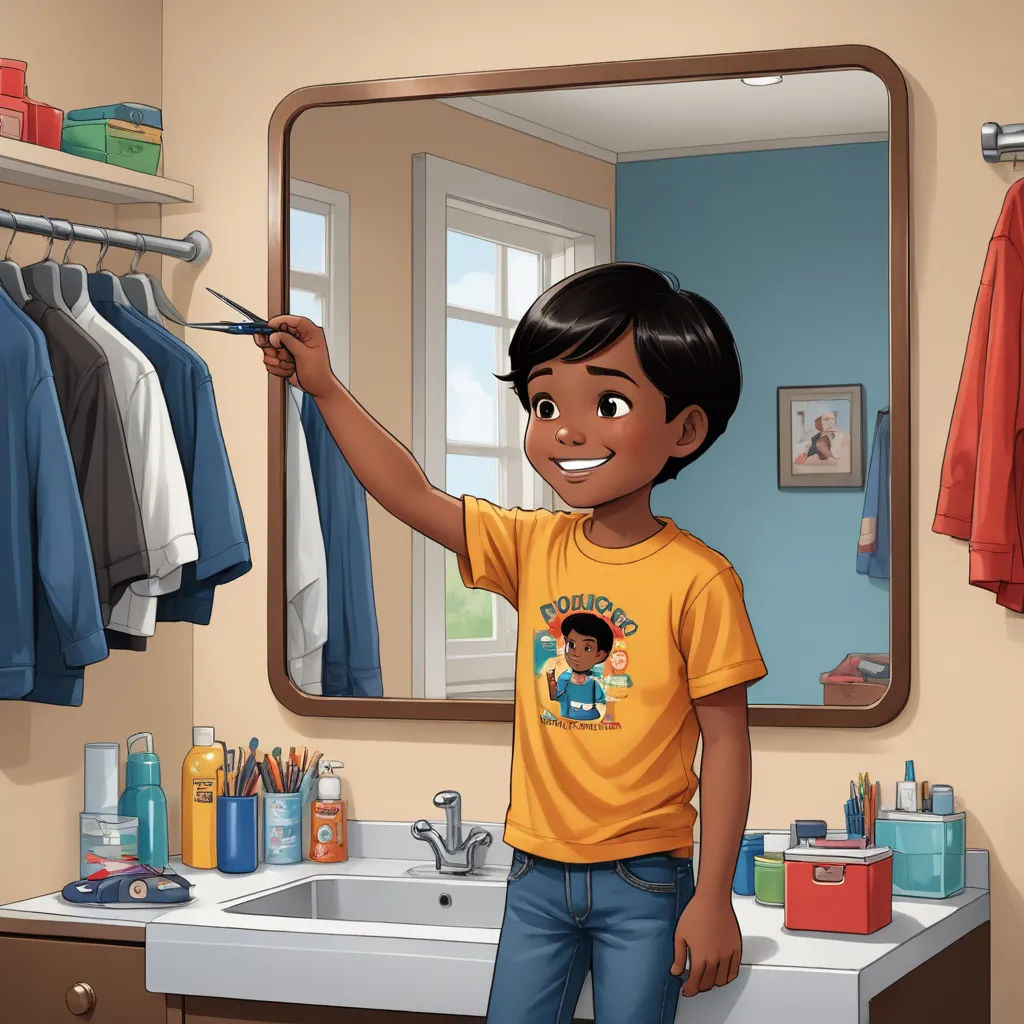 a boy is brushing his teeth in the bathroom while looking at himself in the mirror and brushing his teeth, american scene painting, a storybook illustration, Chris LaBrooy, storybook illustration