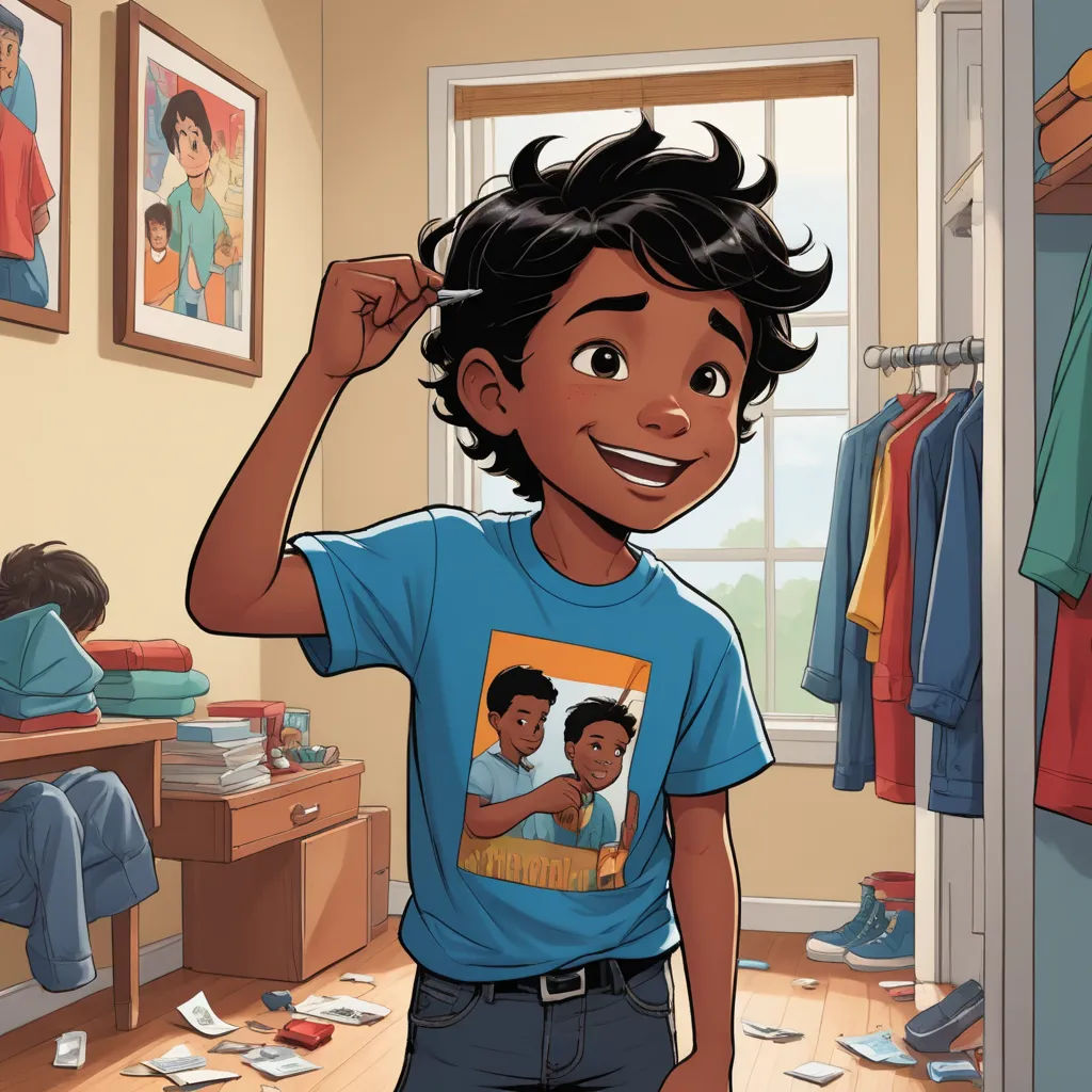 a cartoon of a boy in a messy room with clothes on the floor and a picture of himself on the t - shirt, process art, a storybook illustration, Everett Warner, comic cover art