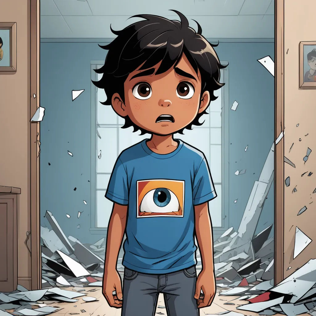 a boy standing in a room with a broken door and a hole in the floor that has been opened, auto-destructive art, a comic book panel, Eddie Mendoza, comic cover art