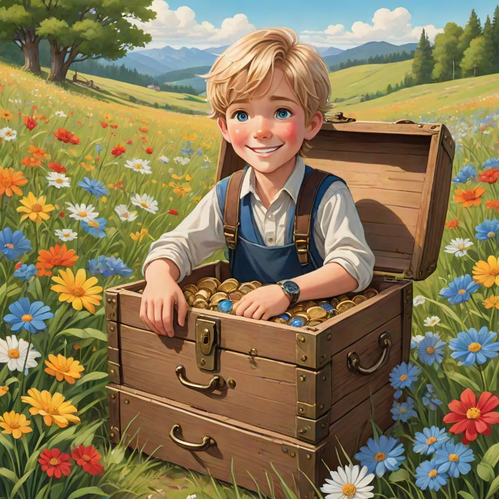 a painting of a boy in a field with a suitcase of coins in his hands and a field of flowers in the background, sots art, a storybook illustration, Aaron Jasinski, official art