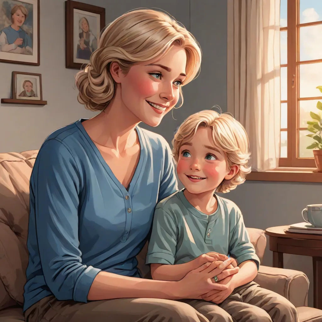 a woman and a child sitting on a couch in a room with pictures on the wall and a window, american scene painting, a storybook illustration, Alton Tobey, official art