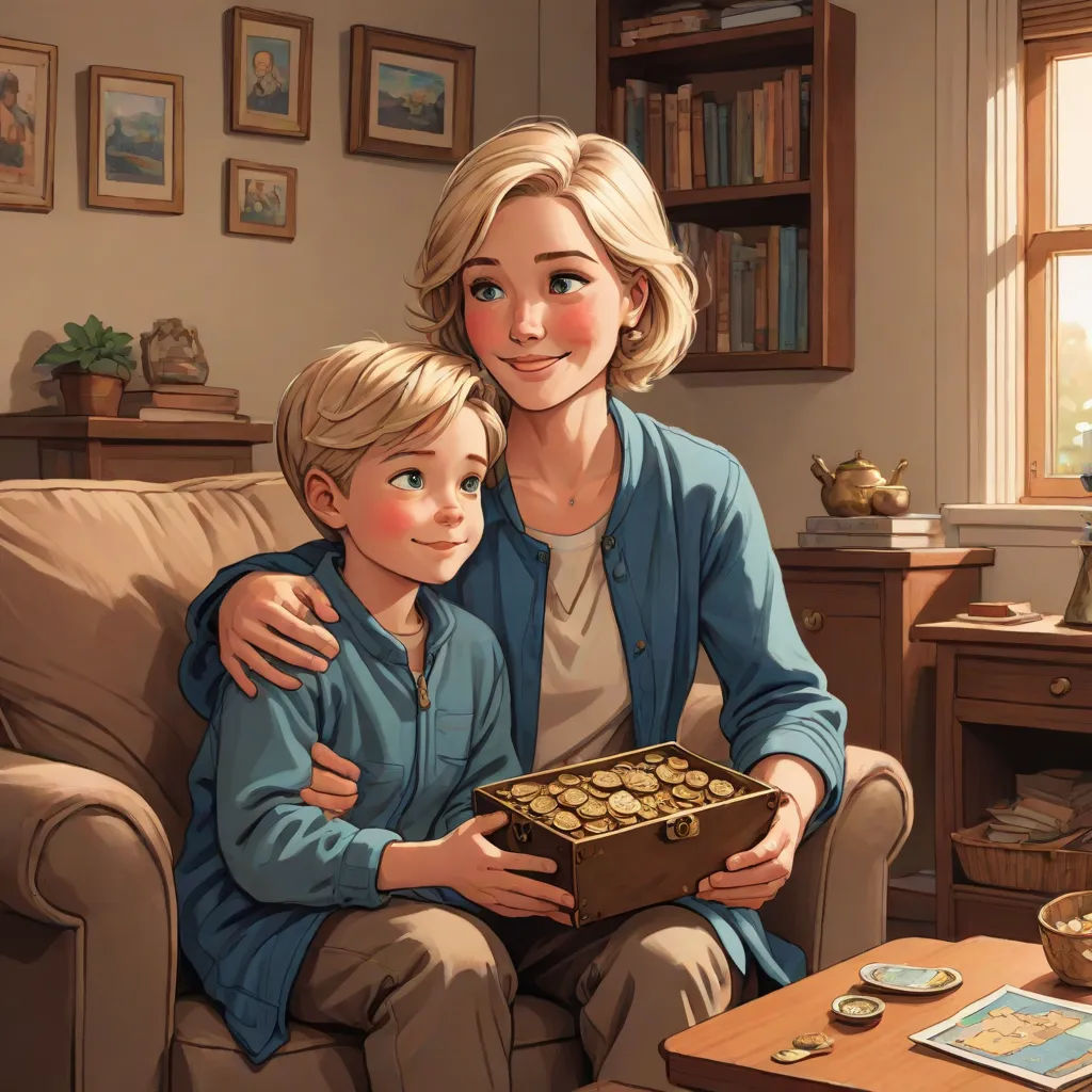 a woman holding a child while sitting on a couch with a box of coins in front of her and a coffee table with a book on it, symbolism, a storybook illustration, Elizabeth Forbes, official art