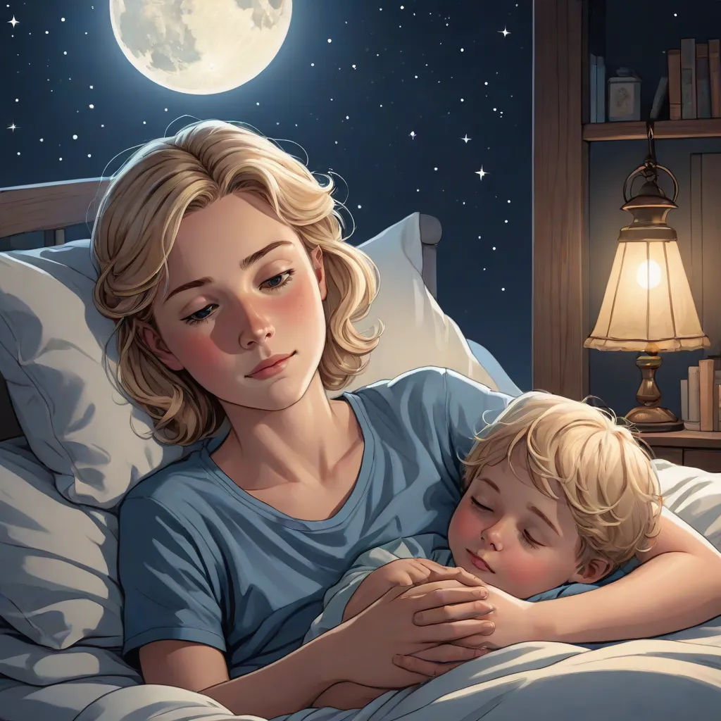 a woman and a child are sleeping in bed under the moon and stars painting by numbers on the wall, space art, a storybook illustration, Aaron Jasinski, storybook illustration
