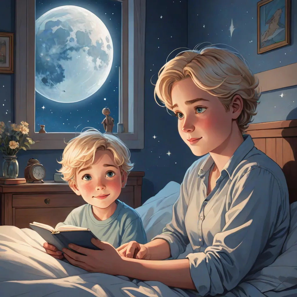 a woman and a child are reading a book in bed at night with the moon in the sky above them, space art, a storybook illustration, Aaron Jasinski, storybook illustration