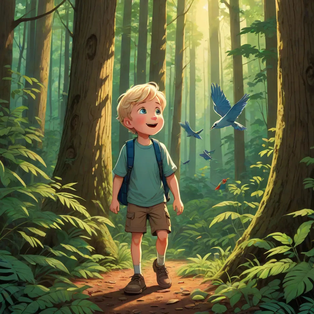 a boy walking through a forest with a bird flying overhead him and a bird flying above him in the air, magical realism, a storybook illustration, Aaron Jasinski, official art