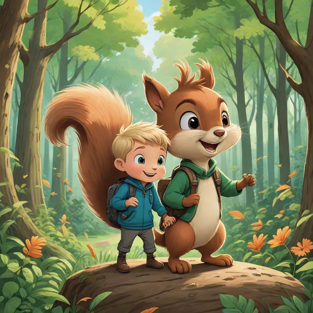 a boy and a squirrel in the woods with leaves on the ground and trees in the background, with leaves on the ground, furry art, a storybook illustration, Chris LaBrooy, promotional image