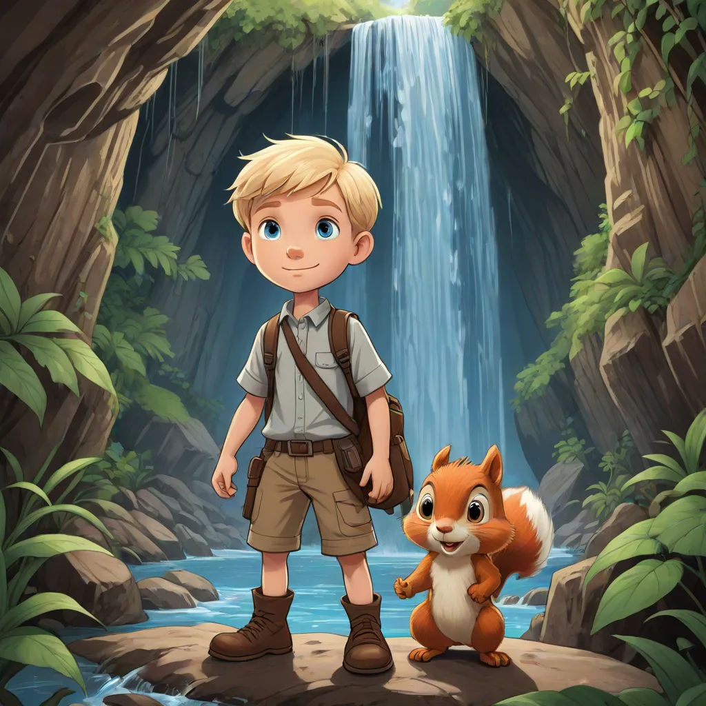 a boy standing in front of a waterfall with a squirrel nearby illustration by alex krawcskik, furry art, concept art, Cliff Childs, 2 d game art
