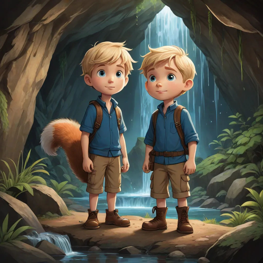 two boys standing in front of a waterfall with a fox on his back and a fox on his shoulder, sots art, a storybook illustration, Brothers Hildebrandt, official art