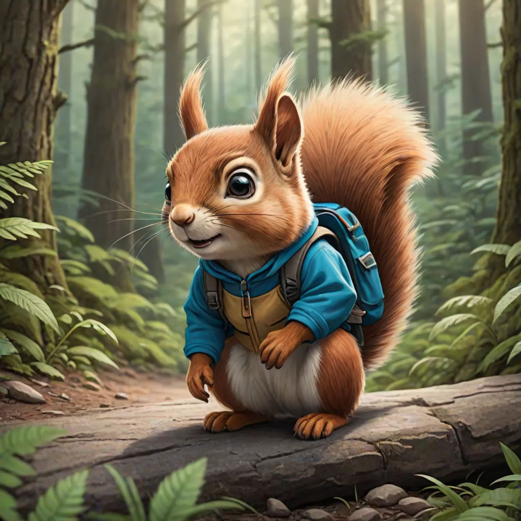 a squirrel with a backpack on a log in the woods with ferns and trees in the background, with a forest scene in the background, furry art, a character portrait, Chris LaBrooy, highly detailed digital painting