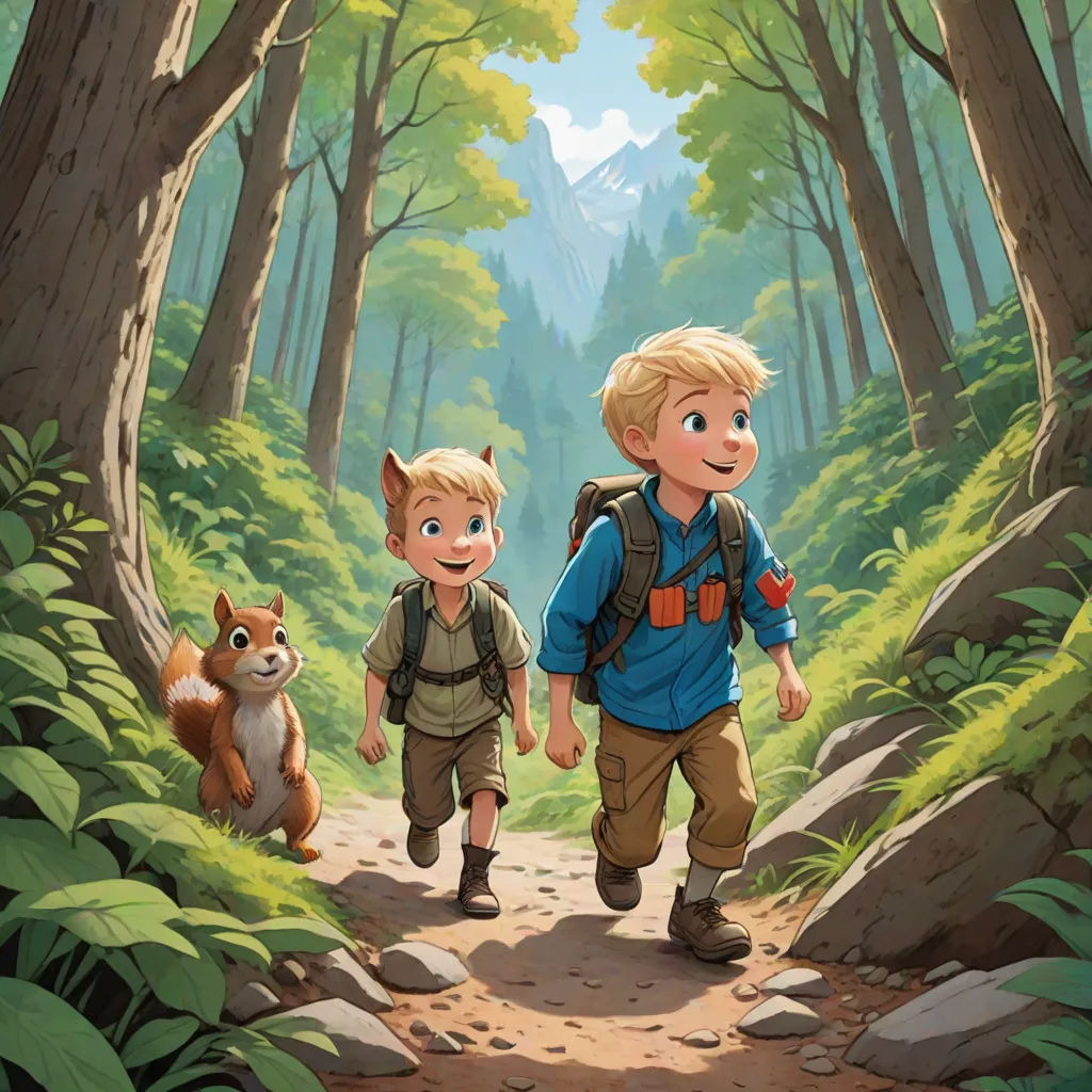 a boy and a boy are walking through the woods with a dog on a leash and a fox on the ground, sots art, a storybook illustration, Brothers Hildebrandt, official art