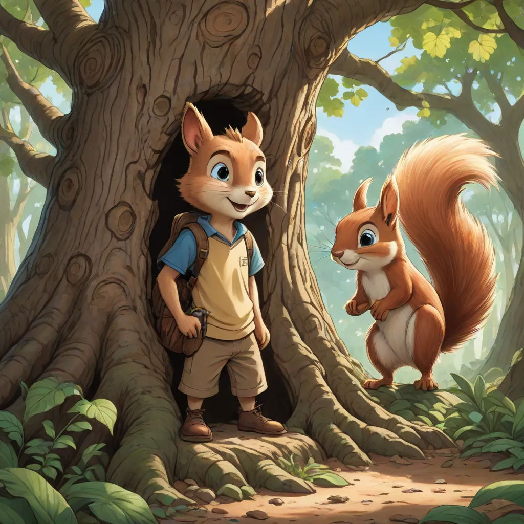 a squirrel and a squirrelling are standing in a tree trunk in a forest with a man looking out, furry art, a storybook illustration, Chris LaBrooy, official art