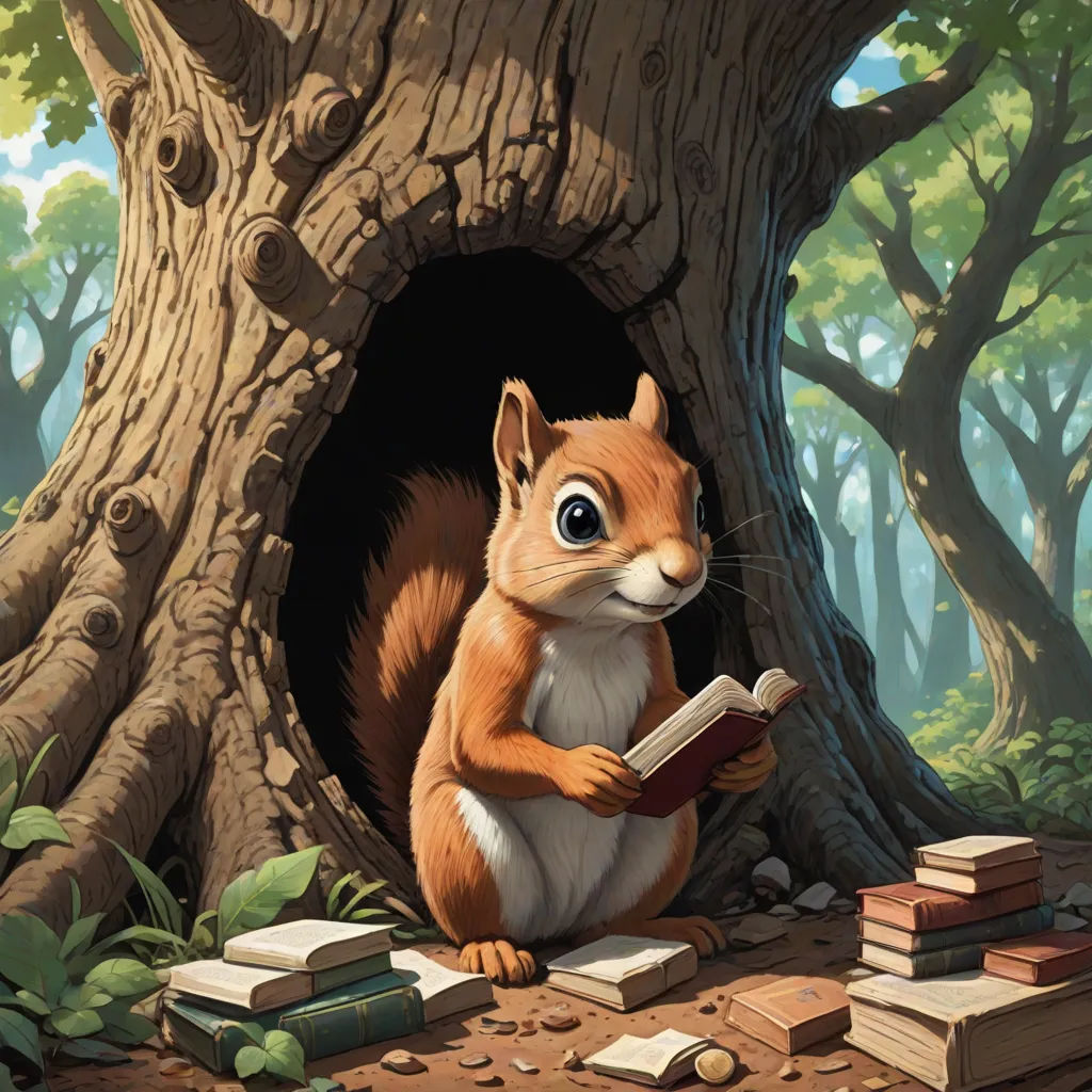 a squirrel reading a book in a tree hole with books scattered around it and a book in the foreground, fantasy art, a storybook illustration, Chris LaBrooy, storybook illustration