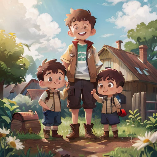 a man and two boys standing in front of a house with a dog on the ground and a dog on the ground