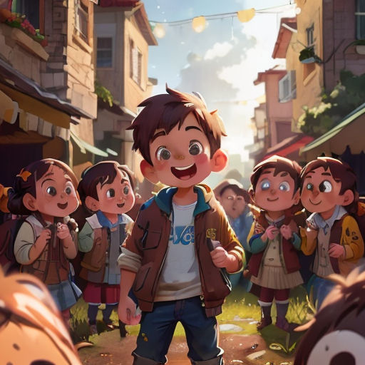 a boy standing in front of a group of children in a village with a dog on the ground and a string of lights above him