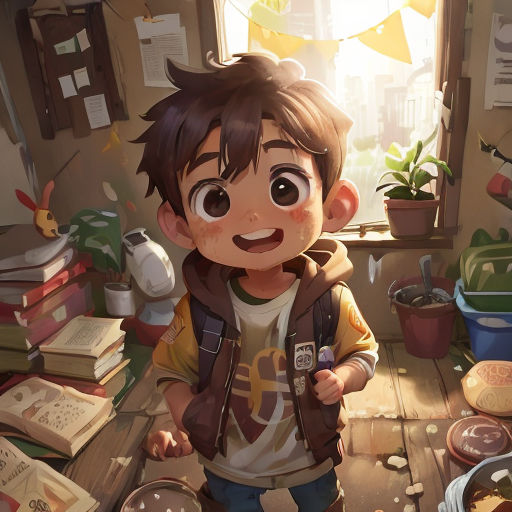 a boy standing in a messy room with a book and a plant in the corner of the room and a window