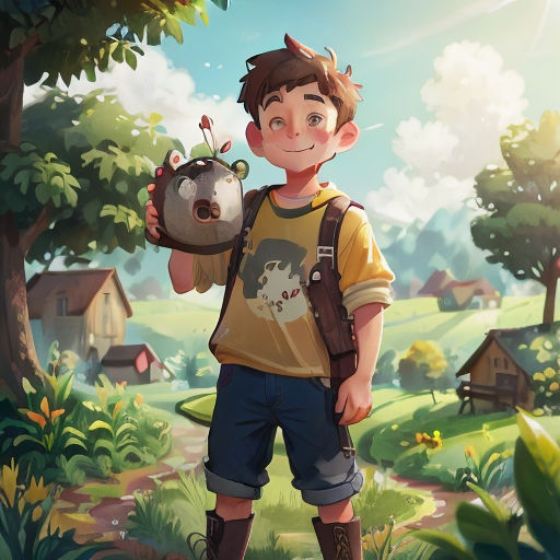 a boy holding a small animal in a forest with a house in the background and a tree in the foreground
