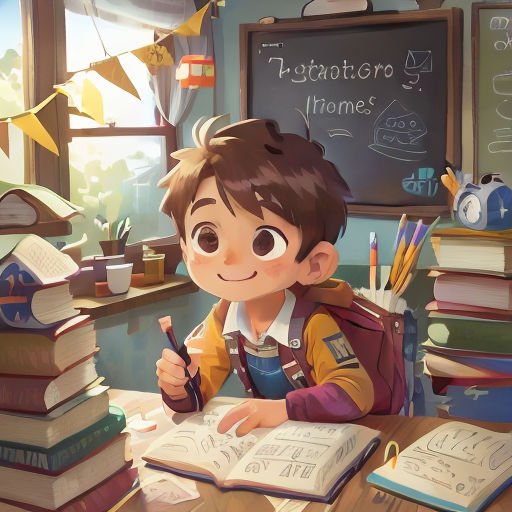 a boy sitting at a desk with a book and pen in his hand and a pile of books on the desk