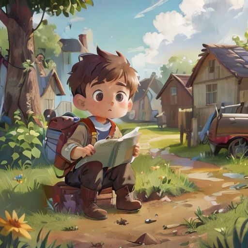 a boy sitting on a dirt road reading a book in front of a village with a car and a truck