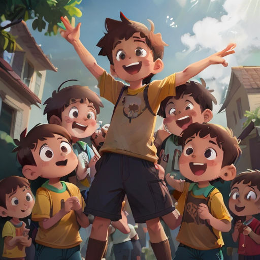 a group of children standing next to each other in front of a building with a boy on his shoulders