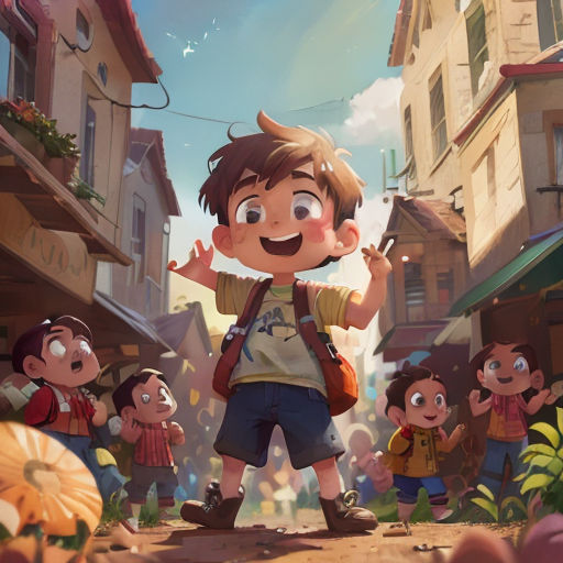 a boy standing in front of a group of children in a town with buildings and a sky background with a sun