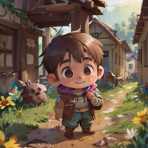 a boy is standing in the middle of a village with a dog and a bear behind him, and a house in the background
