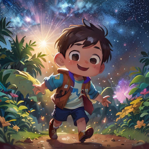 a boy with a backpack is walking through the jungle with stars in the sky behind him and a backpack on his back