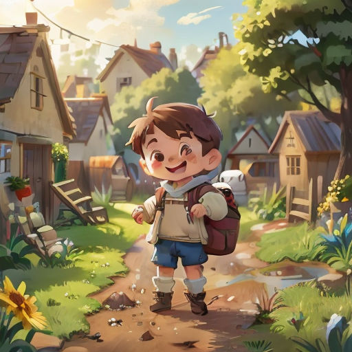 a boy with a backpack is walking down a path in a village with a dog on his back and a bird on his shoulder