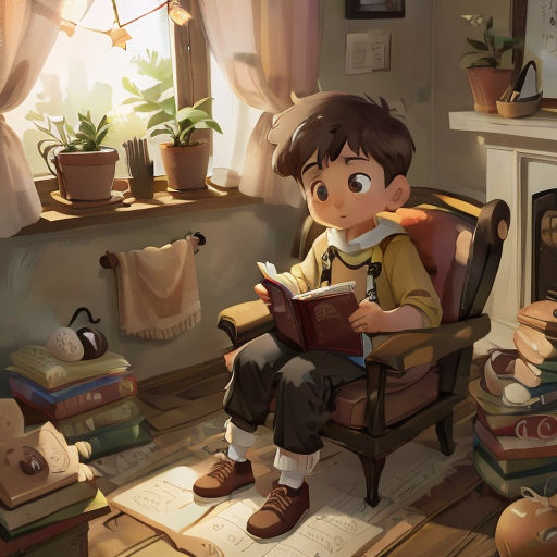 a boy sitting in a chair reading a book in a room with a fireplace and a window with curtains