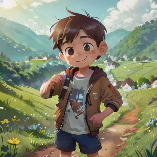 a boy standing on a dirt road in a field with mountains in the background and a sky with clouds