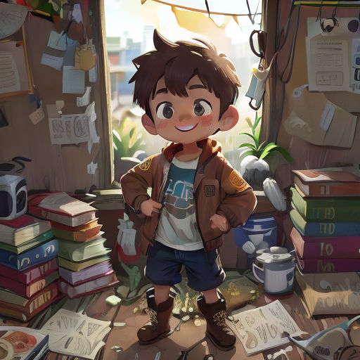 a boy standing in front of a pile of books and a pile of books on the floor next to him