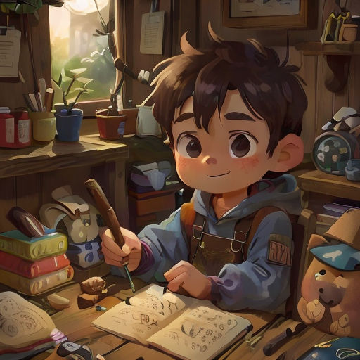 a boy is sitting at a desk with a book and a pen in his hand and a teddy bear