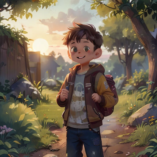 a boy with a backpack is walking through a forest at sunset or dawn, with a dog in the background