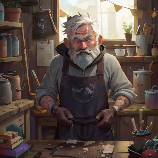 a man with a beard and a beard wearing an apron in a kitchen with a window and a table with a wooden table