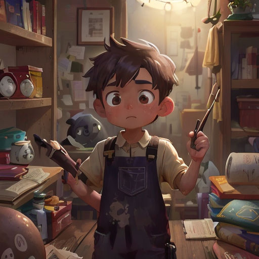a boy holding a paintbrush in a room full of books and other items on a table with a lamp