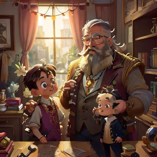 a man and a child are standing in a room with a desk and a window in the background, and a man is holding a toy