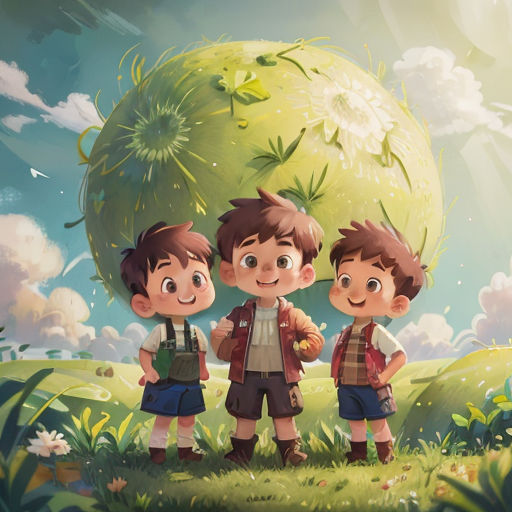 three boys standing in front of a large green object in the sky with clouds and grass behind them, and a green ball in the background