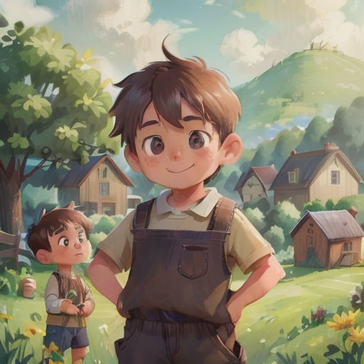 a boy and a boy standing in front of a field with houses and trees in the background, with a boy looking at the camera