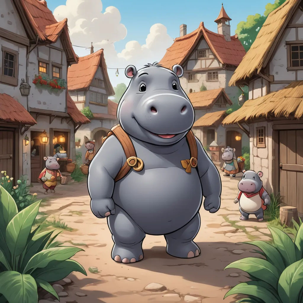 a hippo standing in a village with a few other animals around it and a building with thatched roof, sots art, a storybook illustration, Cedric Seaut (Keos Masons), official art