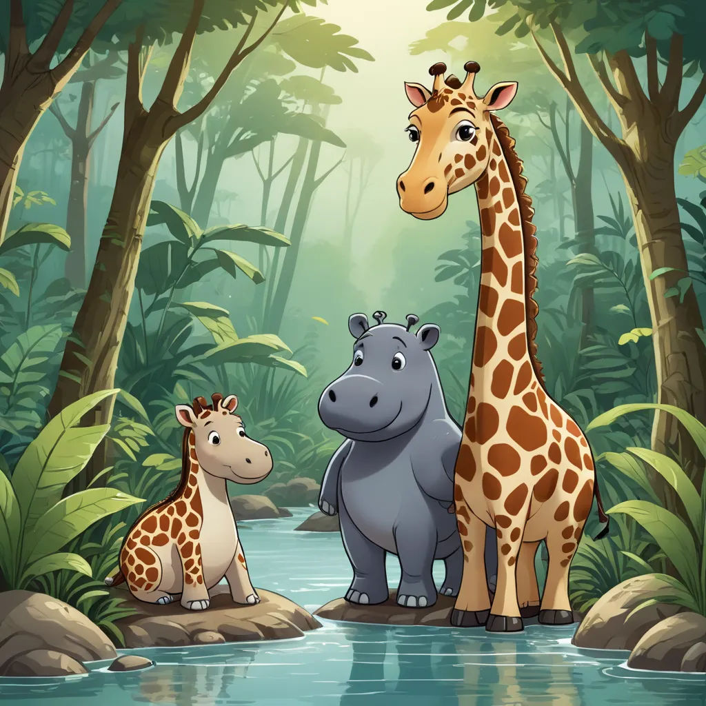 a giraffe and two hippos in a jungle setting with a river and trees in the background, primitivism, a storybook illustration, Andries Stock, promotional image