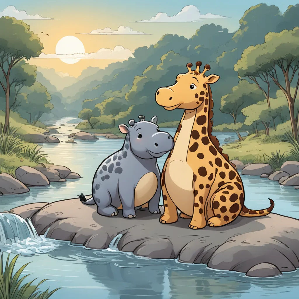 a giraffe and a hippo are sitting on a rock by a river with a waterfall in the background, lyco art, a storybook illustration, Andries Both, promotional image